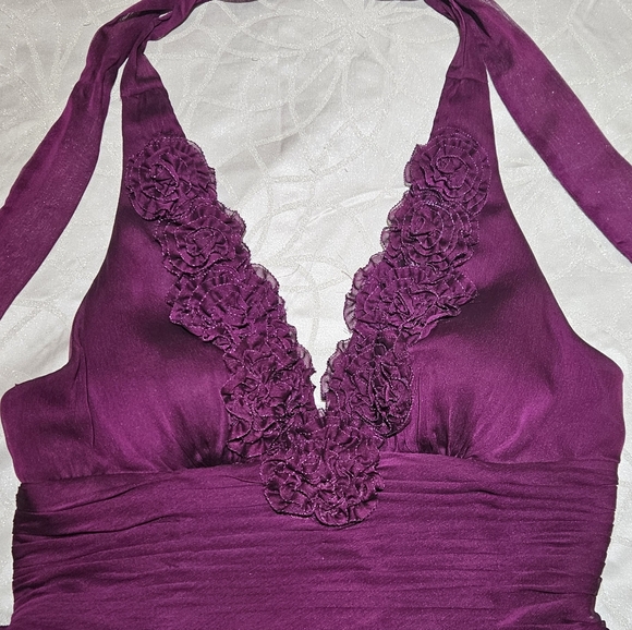 Halter Fitted Ruched Bridesmaid Dress | Adrianna Papell | Magenta/Purple - Picture 2 of 7